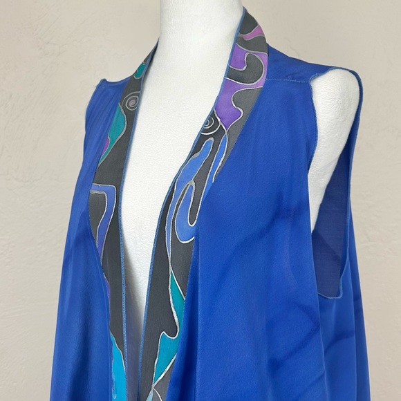 Vintage Maly Cohen Hand Painted Open Silk Blue Multicolor Vest - One Size - Picture 5 of 15